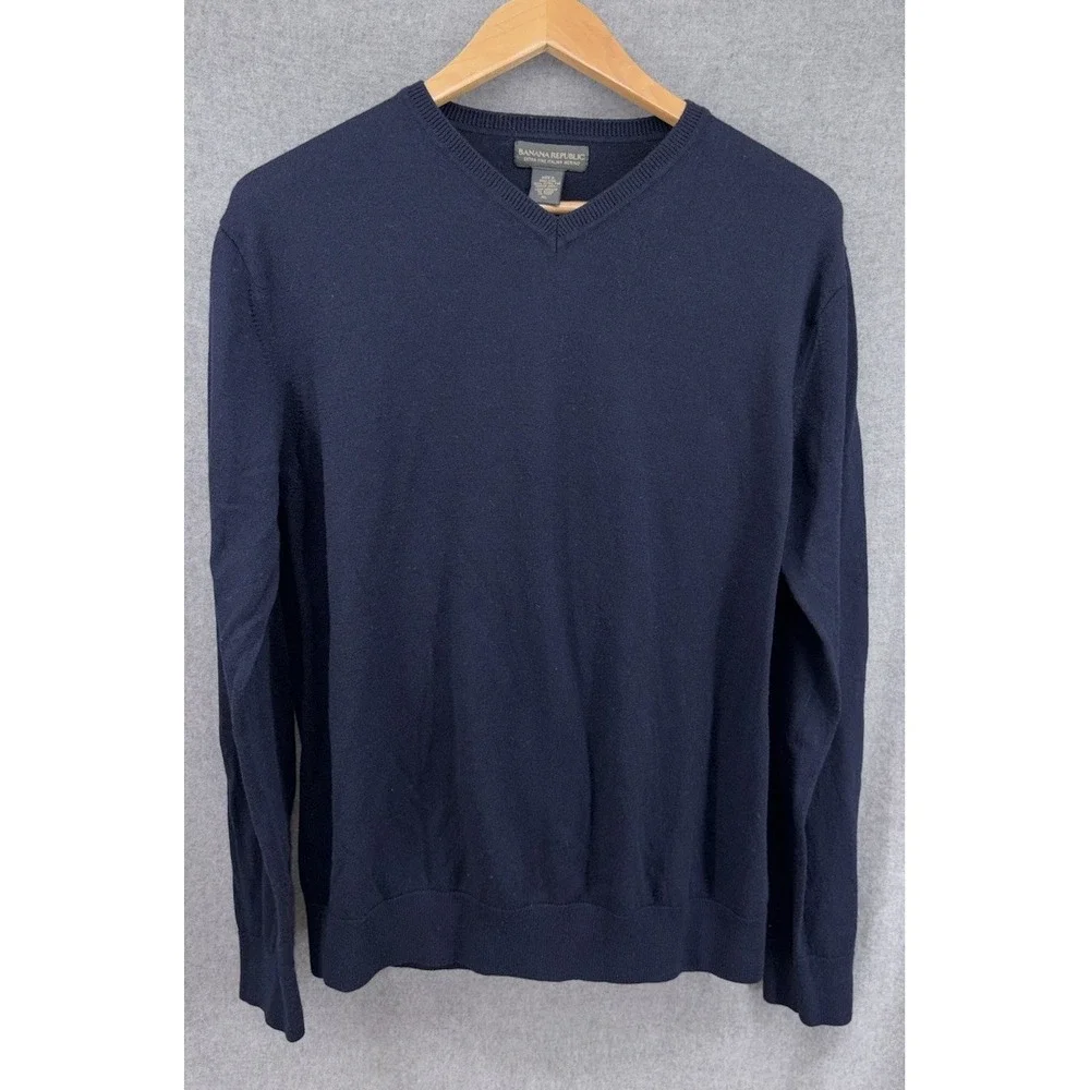 Banana Republic Men Fine Italian Merino Wool Raglan V Neck Sweater Navy Blue XL